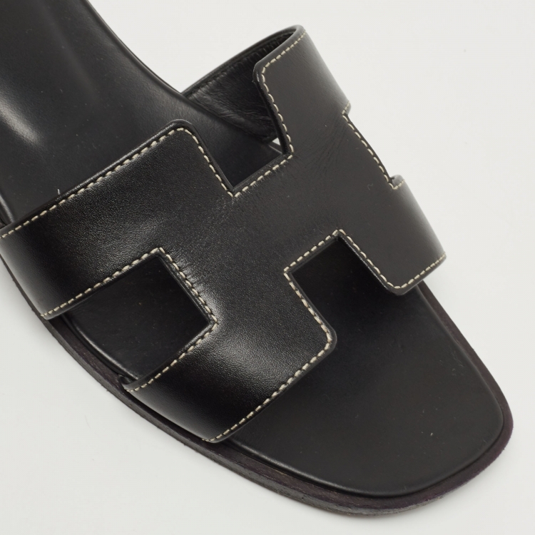 Pre Owned Hermes Blue Leather Oran Slide Flats Size 38   