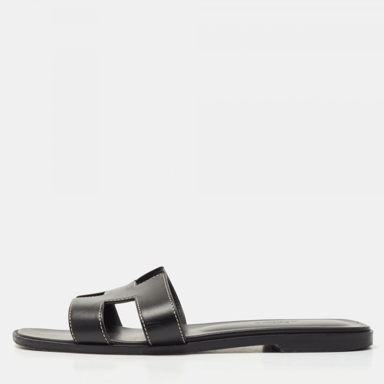 Pre Owned Hermes Blue Leather Oran Slide Flats Size 38   