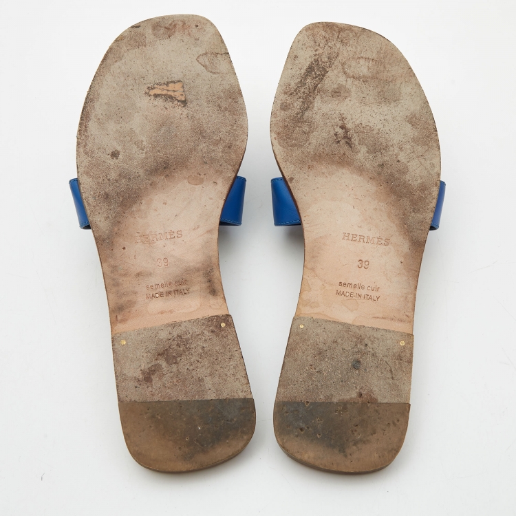 Pre Owned Hermes Blue Leather Oran Slide Flats Size 39
