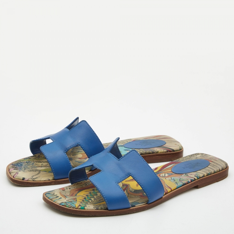 Pre Owned Hermes Blue Leather Oran Slide Flats Size 39