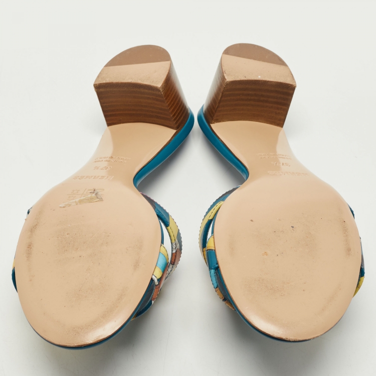 Pre Owned Hermes Multicolor Leather Oasis Slide Sandals Size 37.5