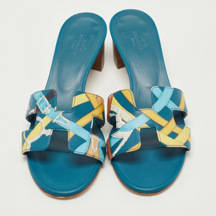 Pre Owned Hermes Multicolor Leather Oasis Slide Sandals Size 37.5