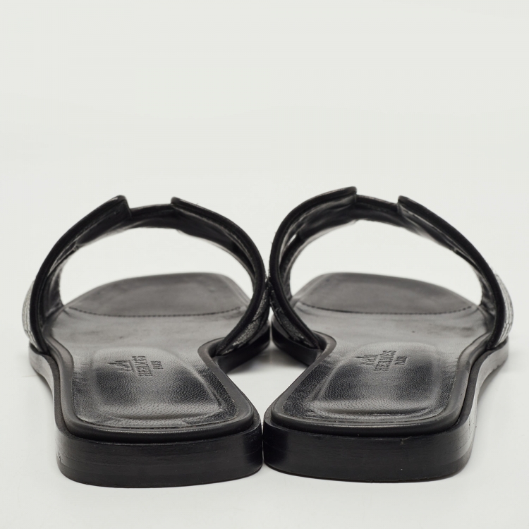 Pre Owned Hermes Black Embroidery Leather Oran Flat Slides Size 37
