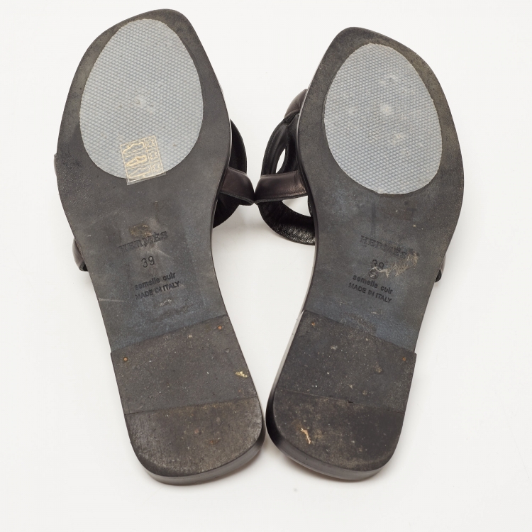 Pre Owned Hermes Black Leather Aloha Slide Flats Size 39