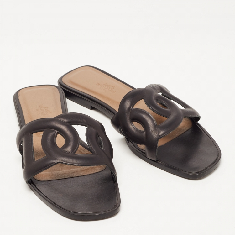 Pre Owned Hermes Black Leather Aloha Slide Flats Size 39