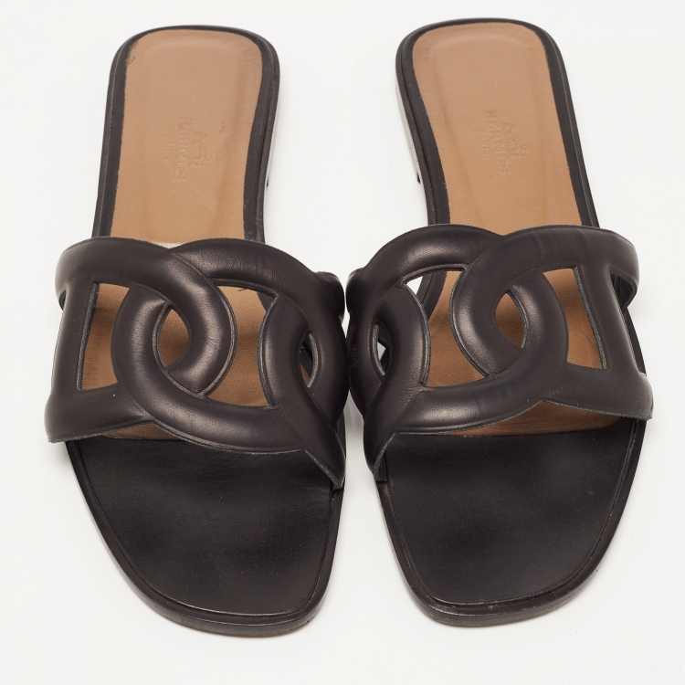 Pre Owned Hermes Black Leather Aloha Slide Flats Size 39