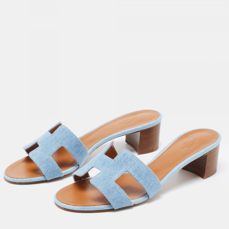 Pre Owned Hermes Blue Denim Oasis Slide Sandals Size 38