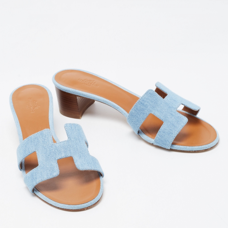 Pre Owned Hermes Blue Denim Oasis Slide Sandals Size 38