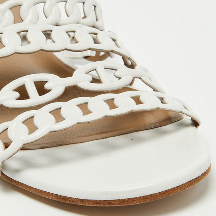 Pre Owned Hermes White Leather D'ancre Chaine Flat Slides Size 39.5