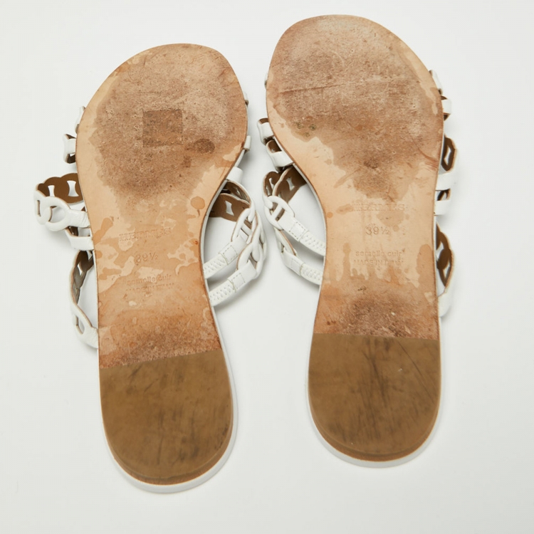 Pre Owned Hermes White Leather D'ancre Chaine Flat Slides Size 39.5