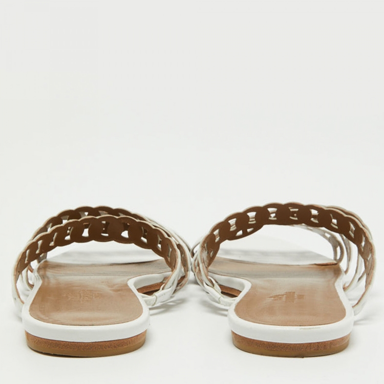 Pre Owned Hermes White Leather D'ancre Chaine Flat Slides Size 39.5