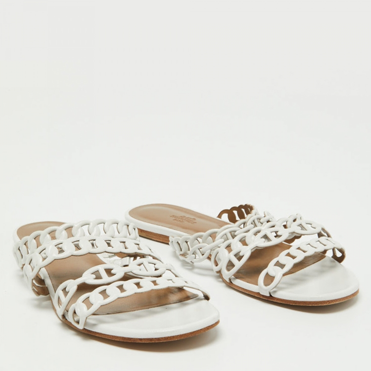 Pre Owned Hermes White Leather D'ancre Chaine Flat Slides Size 39.5