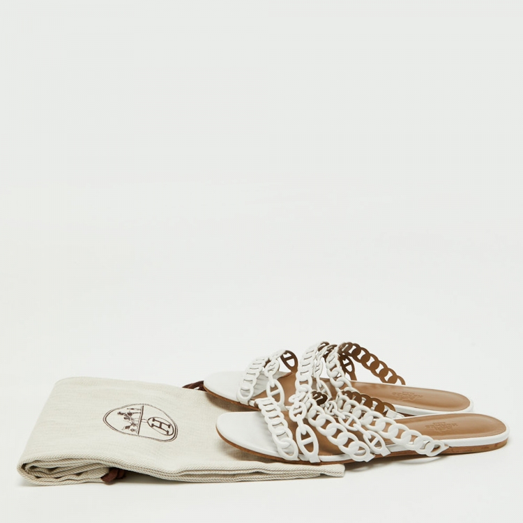 Pre Owned Hermes White Leather D'ancre Chaine Flat Slides Size 39.5