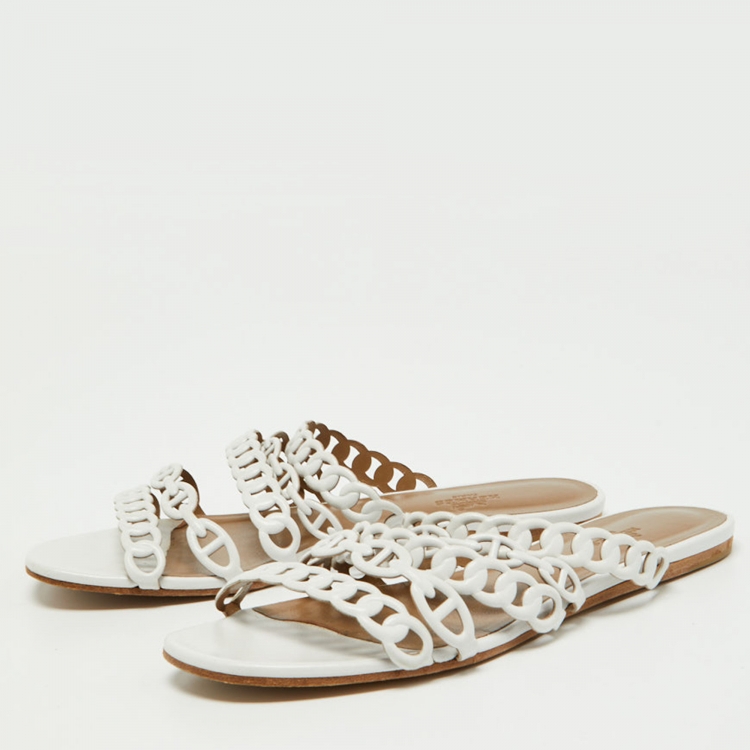 Pre Owned Hermes White Leather D'ancre Chaine Flat Slides Size 39.5