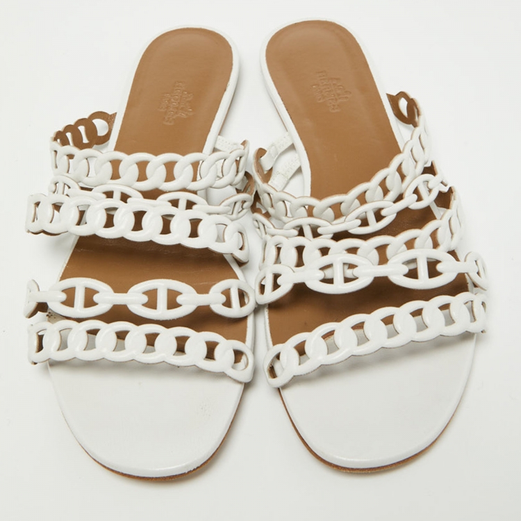 Pre Owned Hermes White Leather D'ancre Chaine Flat Slides Size 39.5