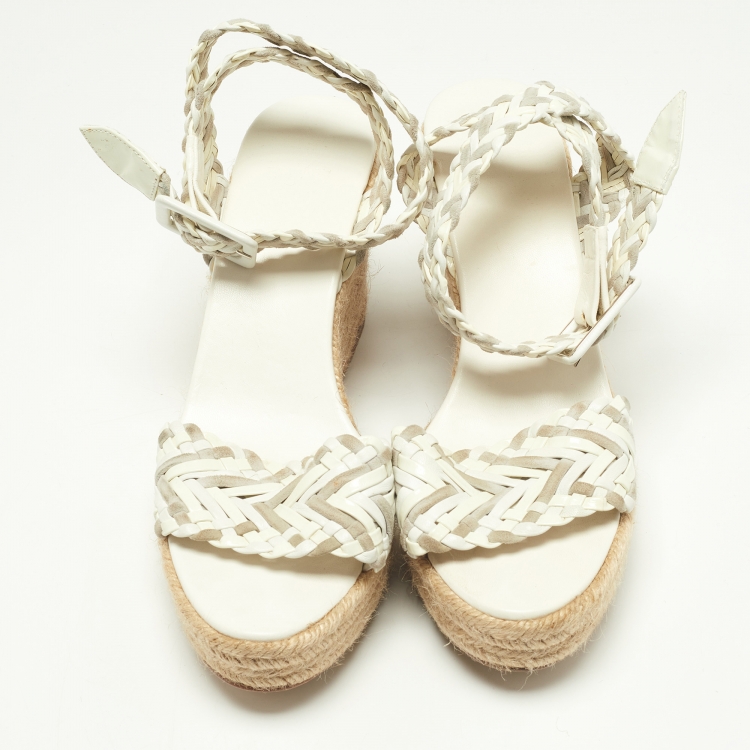 Pre Owned Hermes White/Grey Patent Leather and Suede Sofia Espadrille Wedge Sandals Size 39
