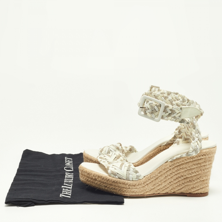 Pre Owned Hermes White/Grey Patent Leather and Suede Sofia Espadrille Wedge Sandals Size 39