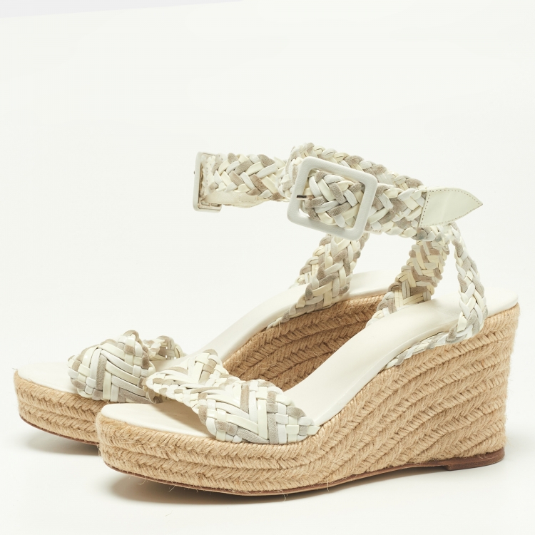 Pre Owned Hermes White/Grey Patent Leather and Suede Sofia Espadrille Wedge Sandals Size 39