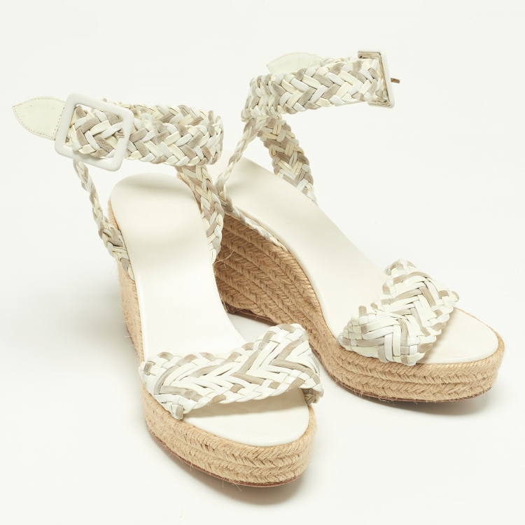Pre Owned Hermes White/Grey Patent Leather and Suede Sofia Espadrille Wedge Sandals Size 39