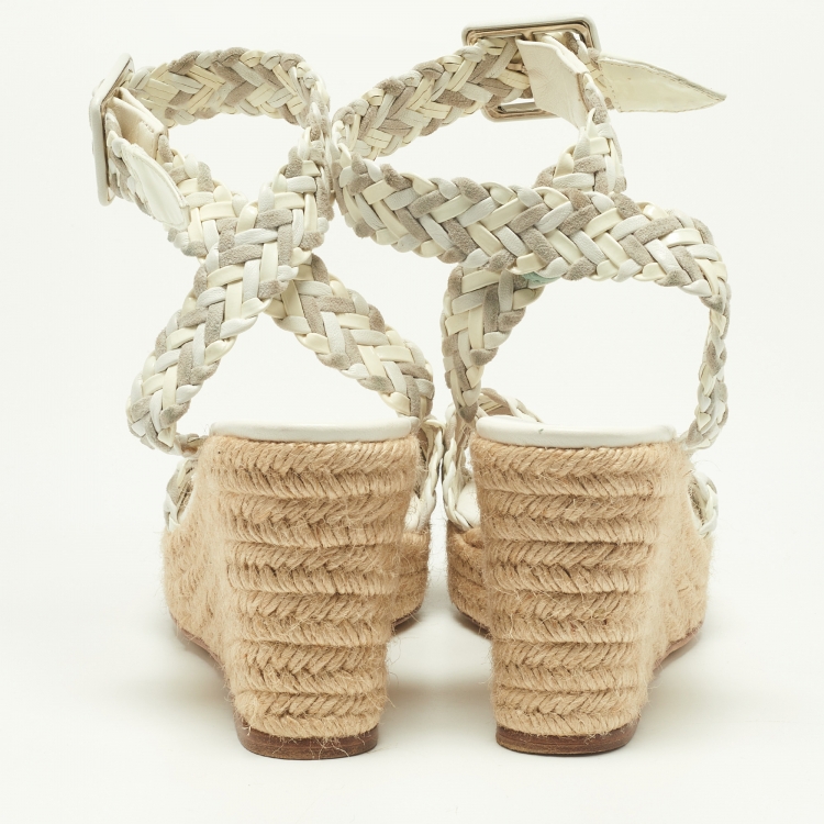 Pre Owned Hermes White/Grey Patent Leather and Suede Sofia Espadrille Wedge Sandals Size 39