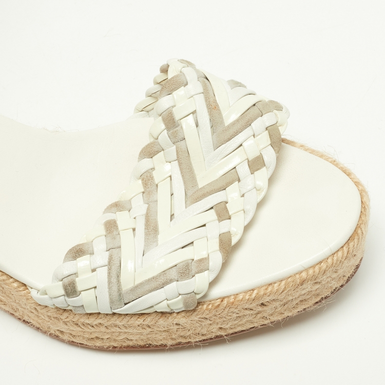 Pre Owned Hermes White/Grey Patent Leather and Suede Sofia Espadrille Wedge Sandals Size 39