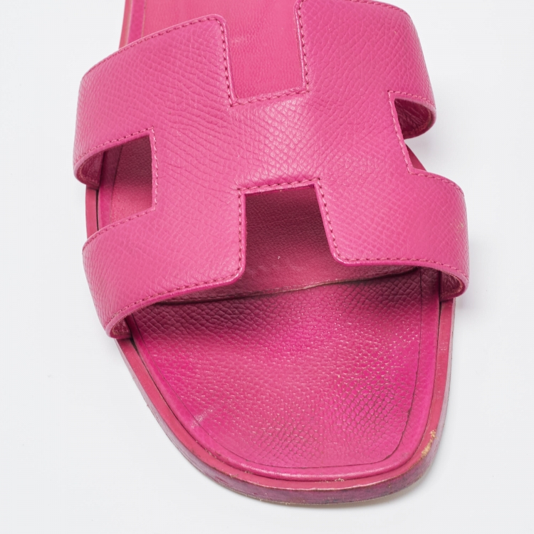 Pre Owned Hermes Purple Leather Oran Flat Slides Size 39.5