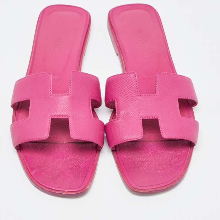 Pre Owned Hermes Purple Leather Oran Flat Slides Size 39.5