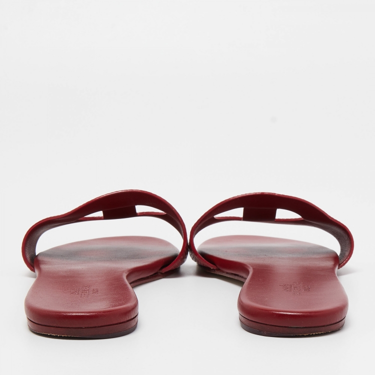 Pre Owned Hermes Dark Red Lizard Lisboa Flat Slides Size 38