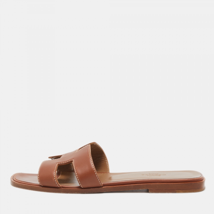 Pre Owned Hermes Brown Leather Oran Flat Slides Size 37