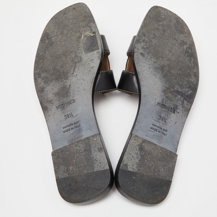 Pre Owned Hermes Black Leather Oran Flat Slides Size 39.5 