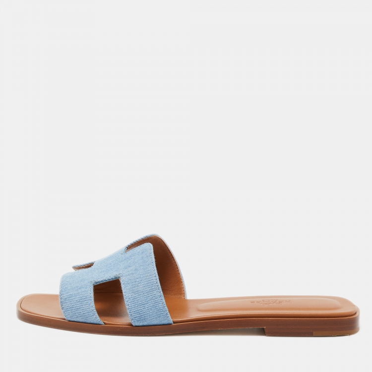 Pre Owned Hermes Blue Denim Oran Flat Slides Size 39