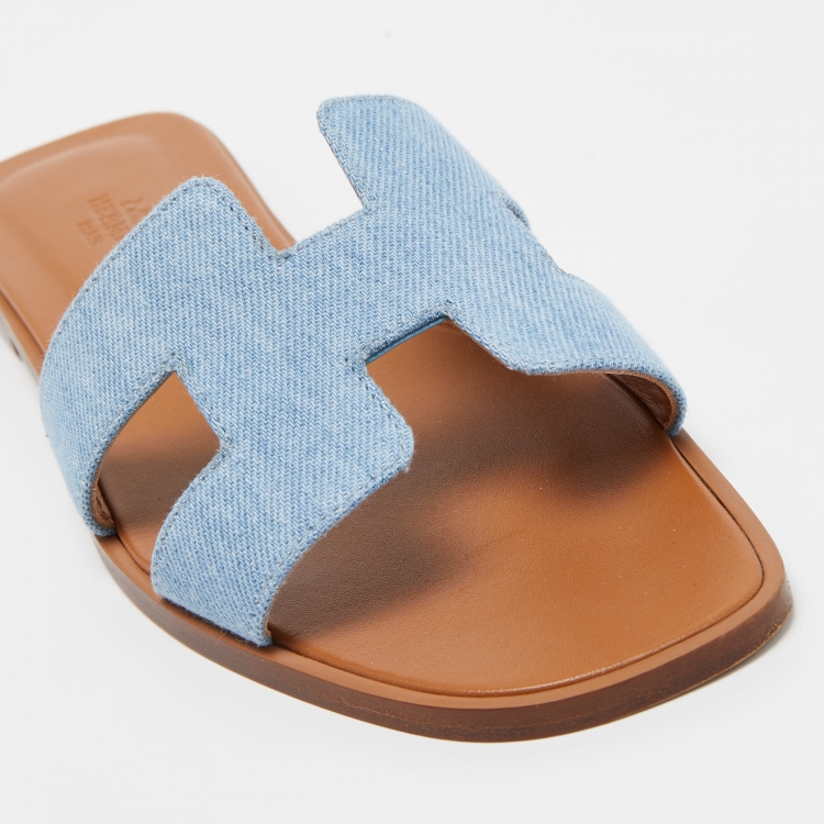 Pre Owned Hermes Blue Denim Oran Flat Slides Size 39