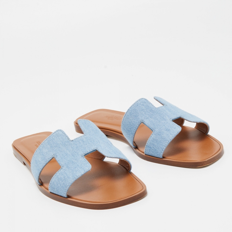 Pre Owned Hermes Blue Denim Oran Flat Slides Size 39