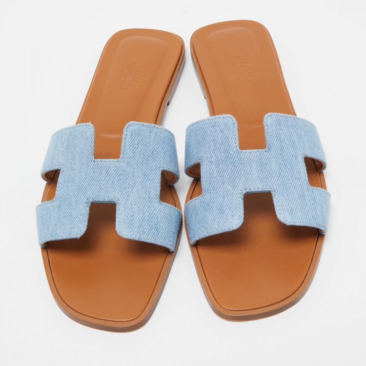 Pre Owned Hermes Blue Denim Oran Flat Slides Size 39