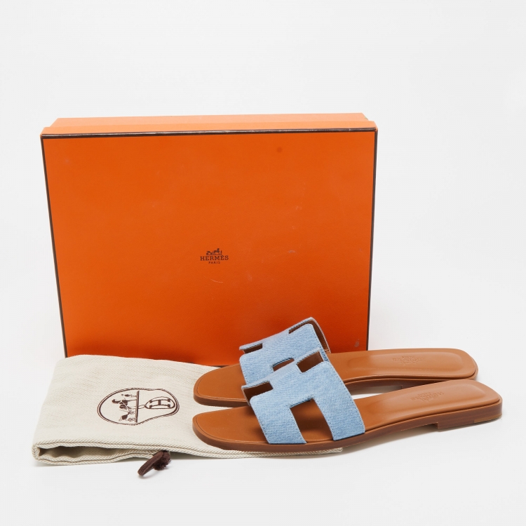 Pre Owned Hermes Blue Denim Oran Flat Slides Size 39