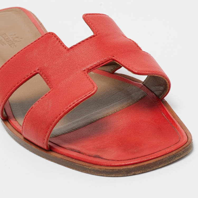 Pre Owned Hermes Red Leather Oran Flat Slides Size 41 