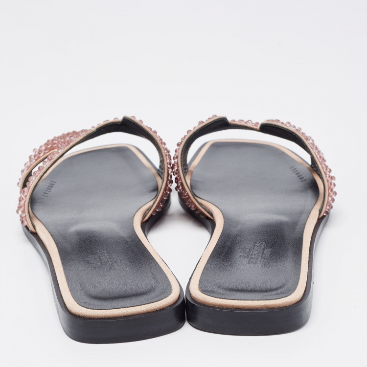 Pre Owned Hermes Pink Beads Oran Flat Slides Size 38