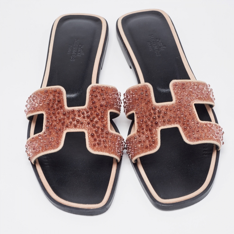 Pre Owned Hermes Pink Beads Oran Flat Slides Size 38