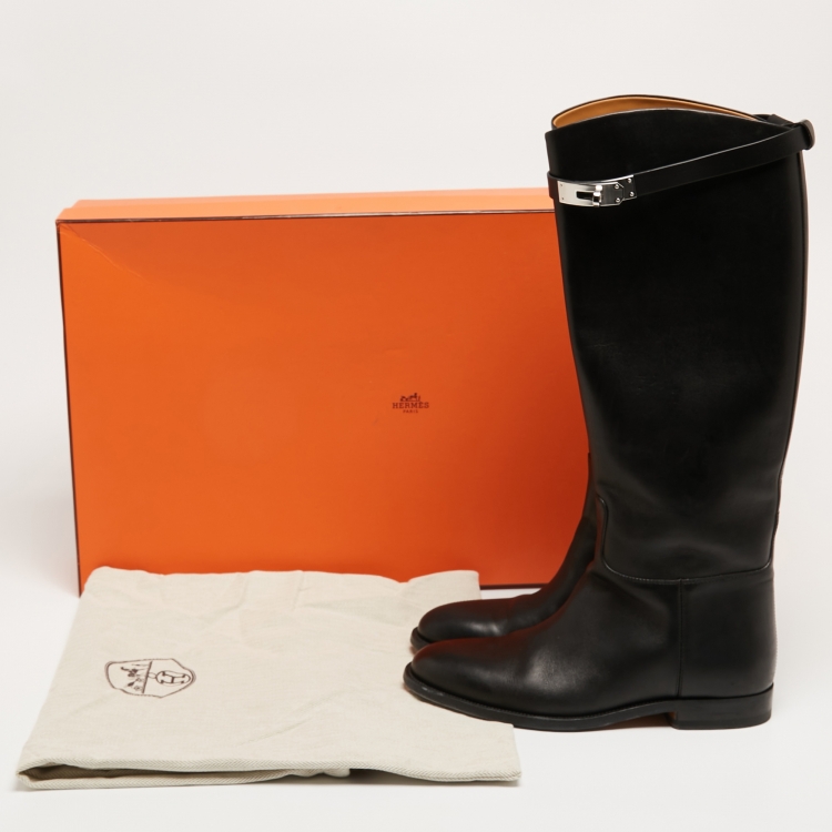 Pre Owned Hermes Black Leather H Jumping Knee Length Boots Size 38