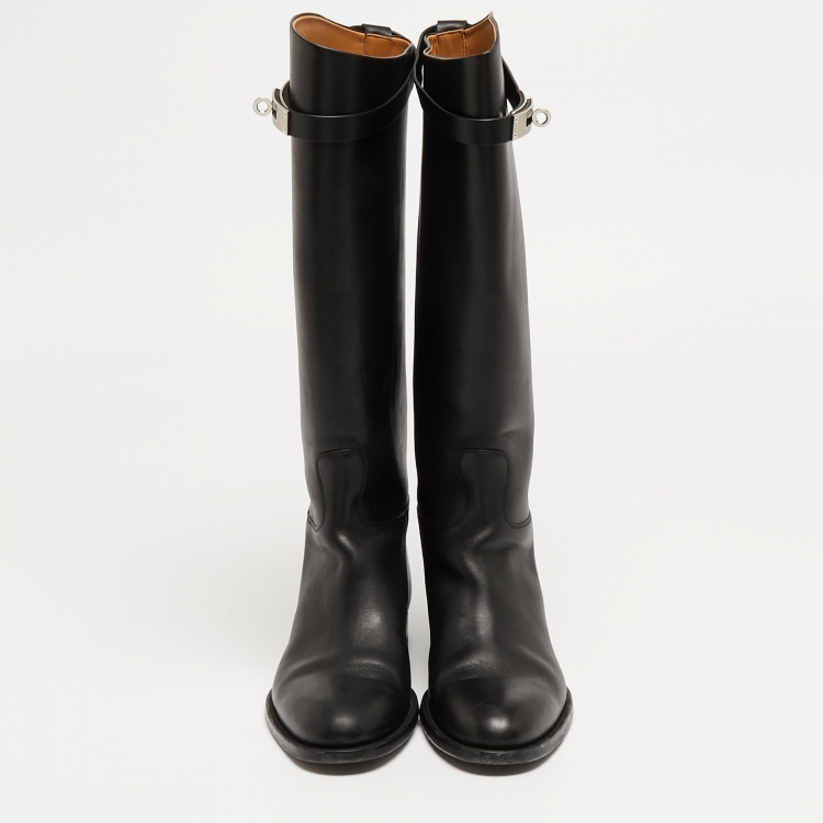 Pre Owned Hermes Black Leather H Jumping Knee Length Boots Size 38