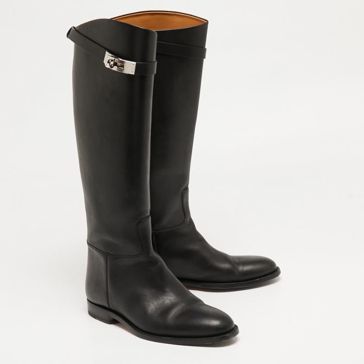 Pre Owned Hermes Black Leather H Jumping Knee Length Boots Size 38