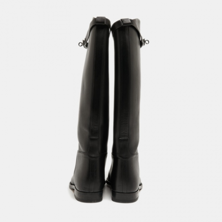 Pre Owned Hermes Black Leather H Jumping Knee Length Boots Size 38