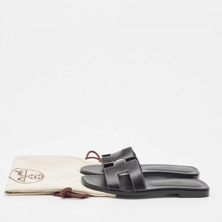 Pre Owned Hermes Black Leather Oran Flat Slides Size 36.5