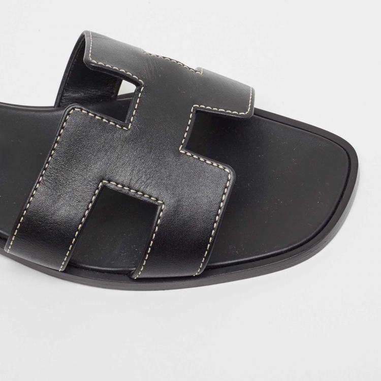 Pre Owned Hermes Black Leather Oran Flat Slides Size 36.5