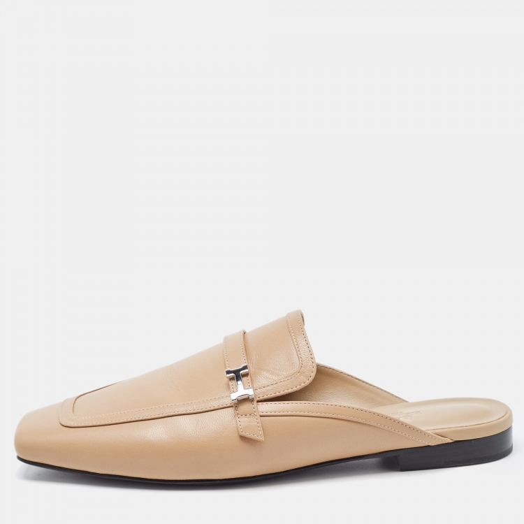 Pre Owned Hermes Beige Leather Groupie Mules Size 40 