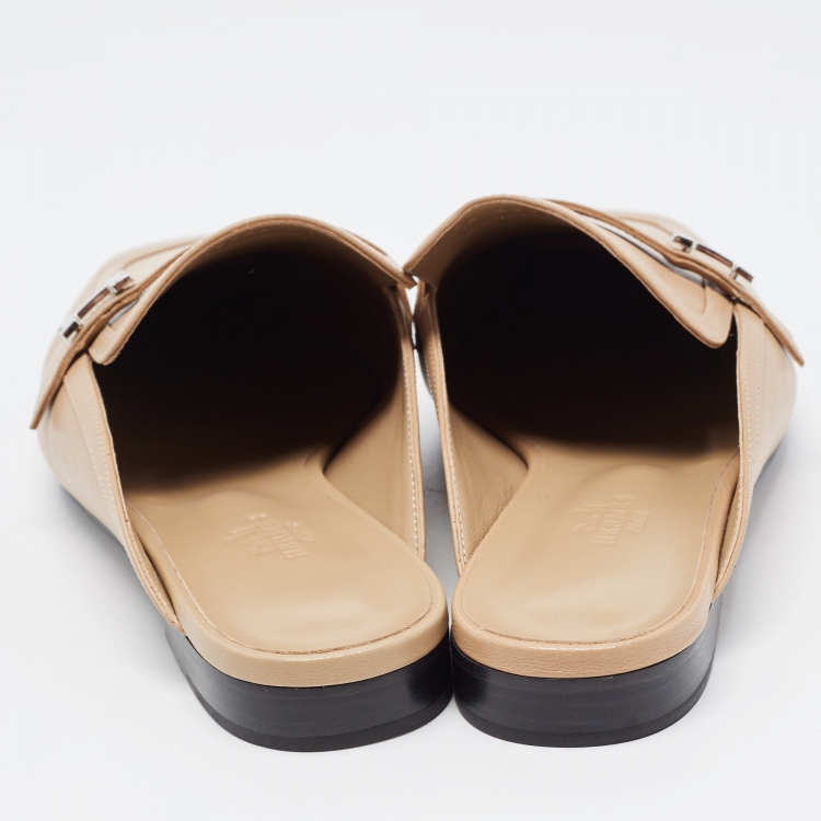 Pre Owned Hermes Beige Leather Groupie Mules Size 40 