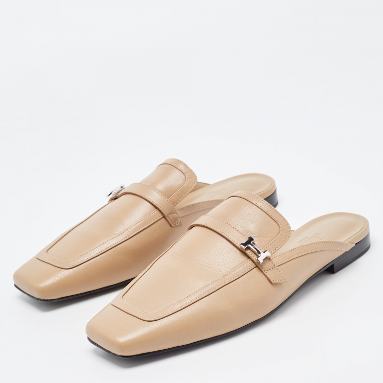 Pre Owned Hermes Beige Leather Groupie Mules Size 40 