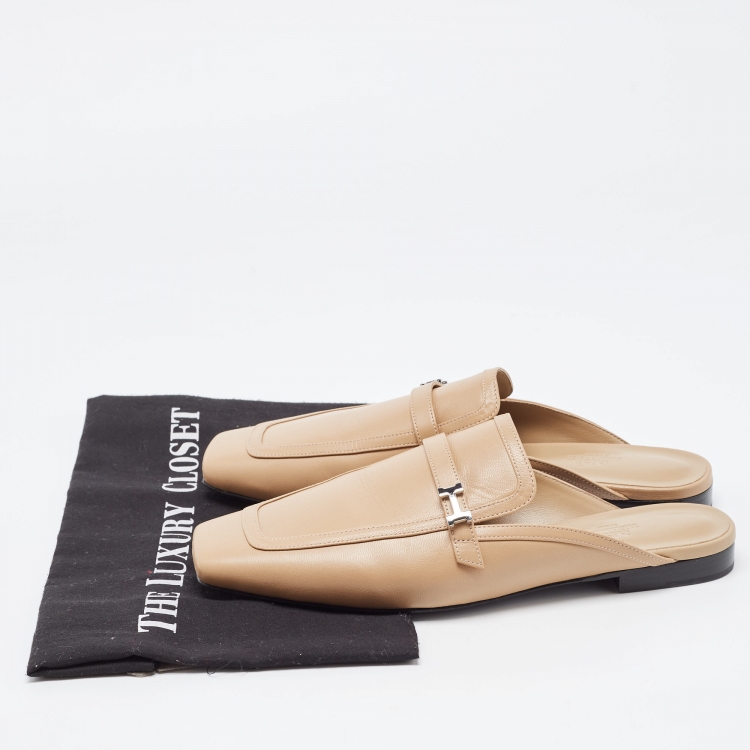 Pre Owned Hermes Beige Leather Groupie Mules Size 40 