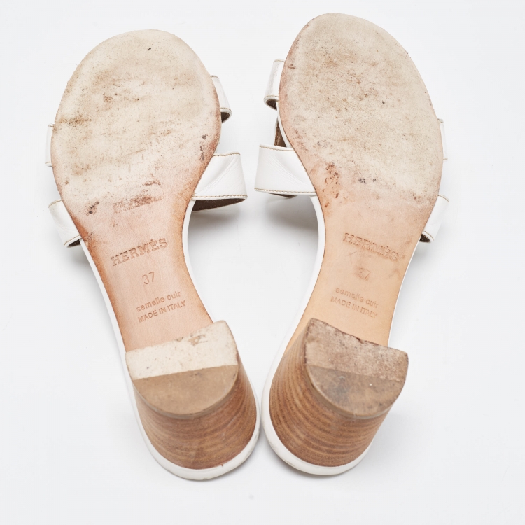 Pre Owned Hermes White Leather Oasis Slide Sandals Size 37