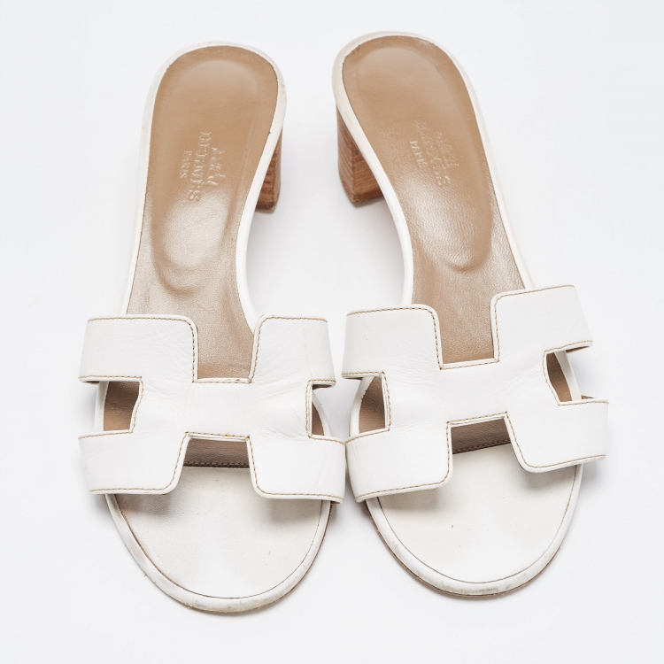 Pre Owned Hermes White Leather Oasis Slide Sandals Size 37